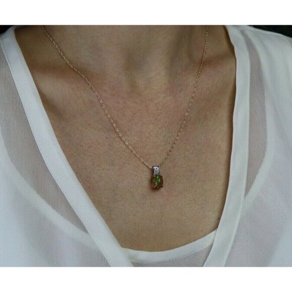 9k Yellow Gold Natural Ethiopian Opal & Diamond Necklace 10k Gold 18 inch chain - Picture 3 of 8